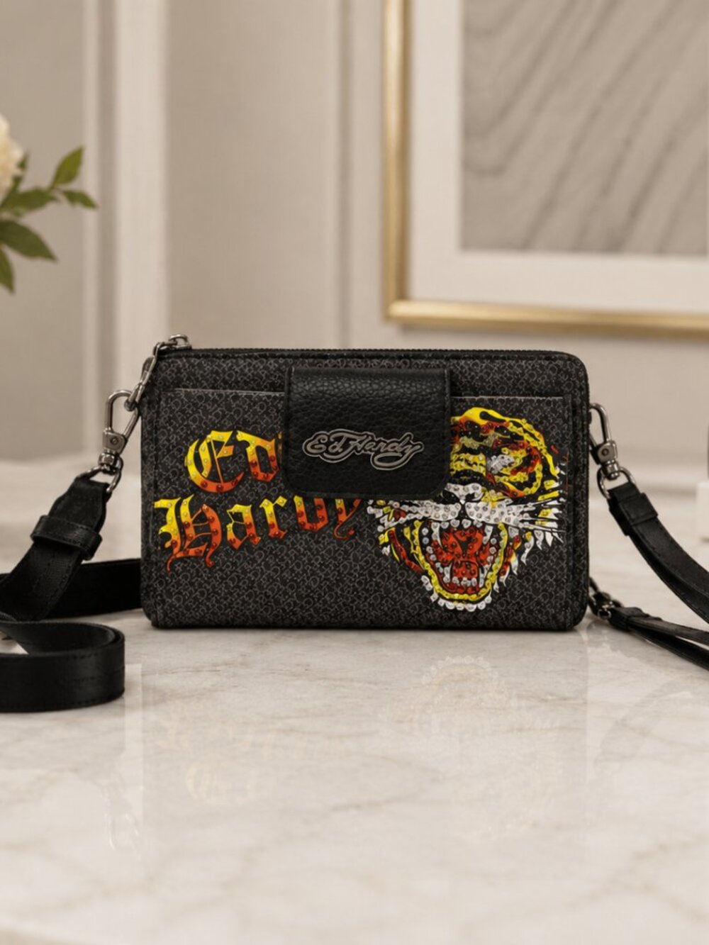 Ed Hardy Tiger Rhinestone Wallet Crossbody Wristlet Black NWT